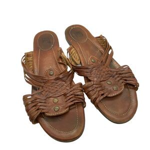 Frye Sandals Women's Jacey Huarache Brown Leather Open Toe Flat Slide size 9.5 M